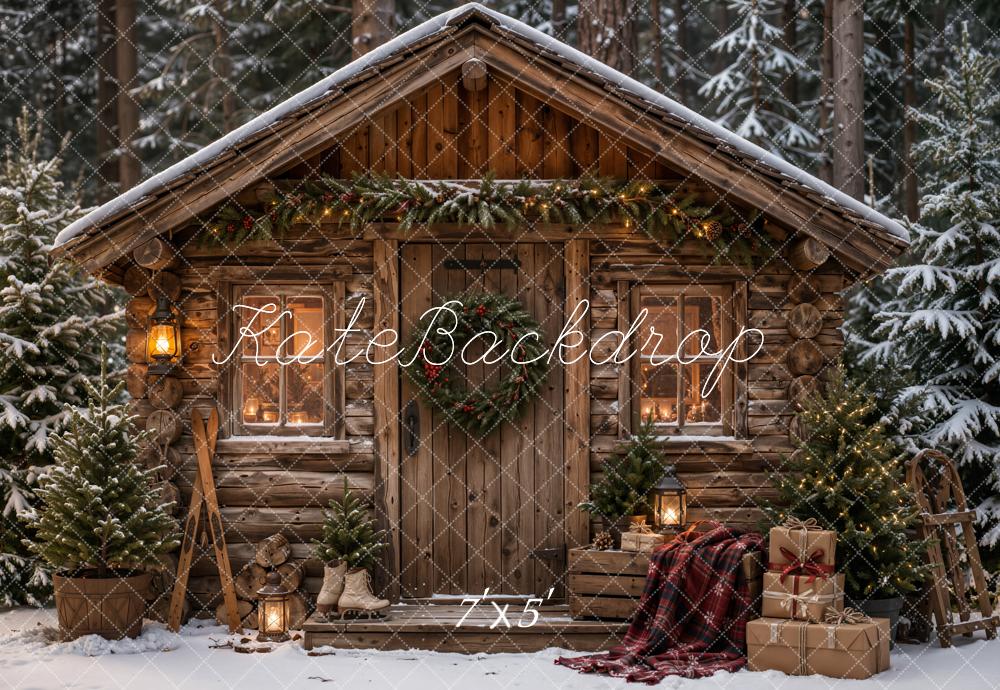 Kate Christmas Rustic Wood Cabin Snowy Plaid Blanket Forest Printed Backdrop Designed by Emetselch