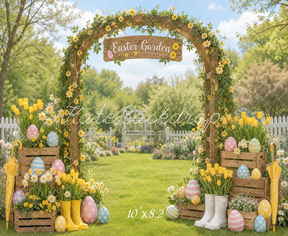 Kate Easter Garden Flower Arch Eggs Rain Boots Tulips Printed Backdrop Designed by Emetselch