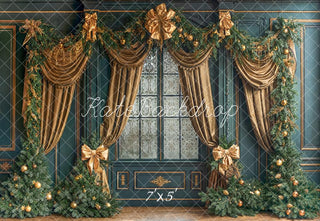 Kate Christmas Vintage Gold Garland Curtains Trees Printed Backdrop Designed by Emetselch