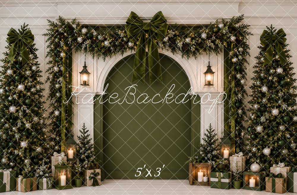 Kate Christmas Green Garland Arched Wall Bows Tree Printed Backdrop Designed by Ashley Paul