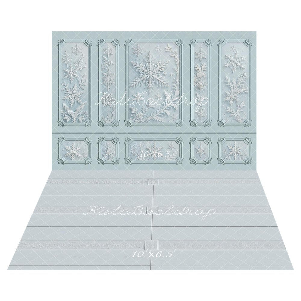 Kate Winter Blue Ornate Snowflake Vintage Wall Printed Backdrop+Light Blue Ornate Panel Floor Printed Backdrop