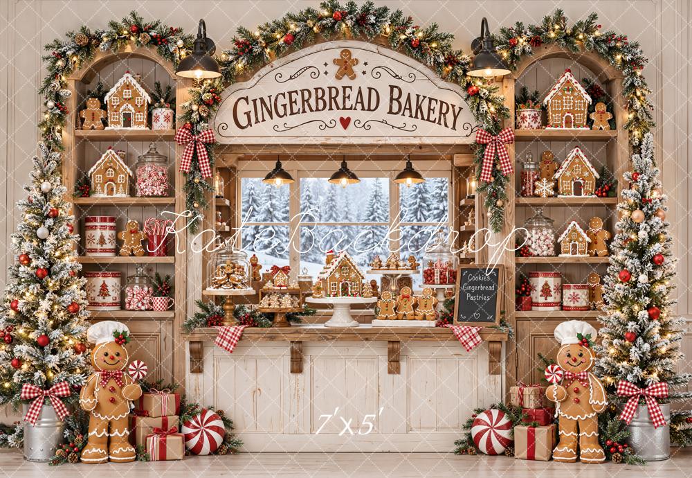 Kate Christmas Gingerbread Bakery Shop Garland Window Printed Backdrop Designed by Emetselch