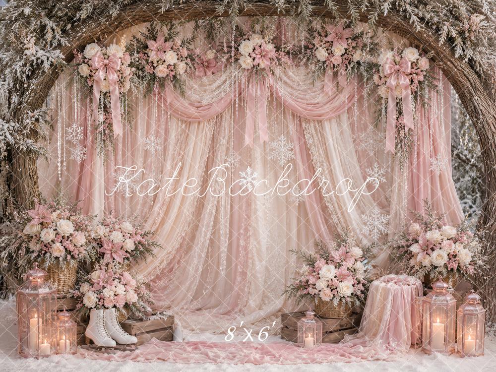 Kate Christmas Winter Pink Lace Drapery Floral Branch Arch Printed Backdrop Designed by Ashley Paul