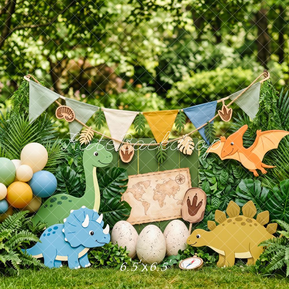 Kate Cake Smash Dinosaur Explorer Jungle Map Egg Balloons Printed Backdrop Designed by Patty Roberts