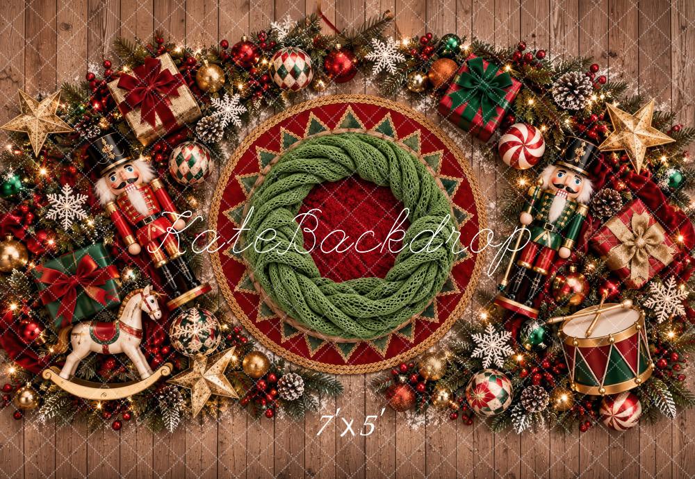 Kate Christmas Newborn Nutcracker Wreath Garland Red Green Printed Backdrop Designed by Laura Bybee