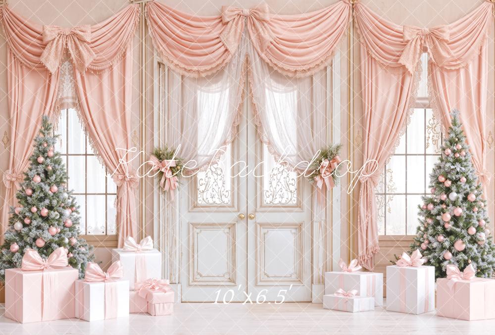 Kate Christmas Elegant Pink Curtains Gifts Trees Backdrop Designed by Emetselch