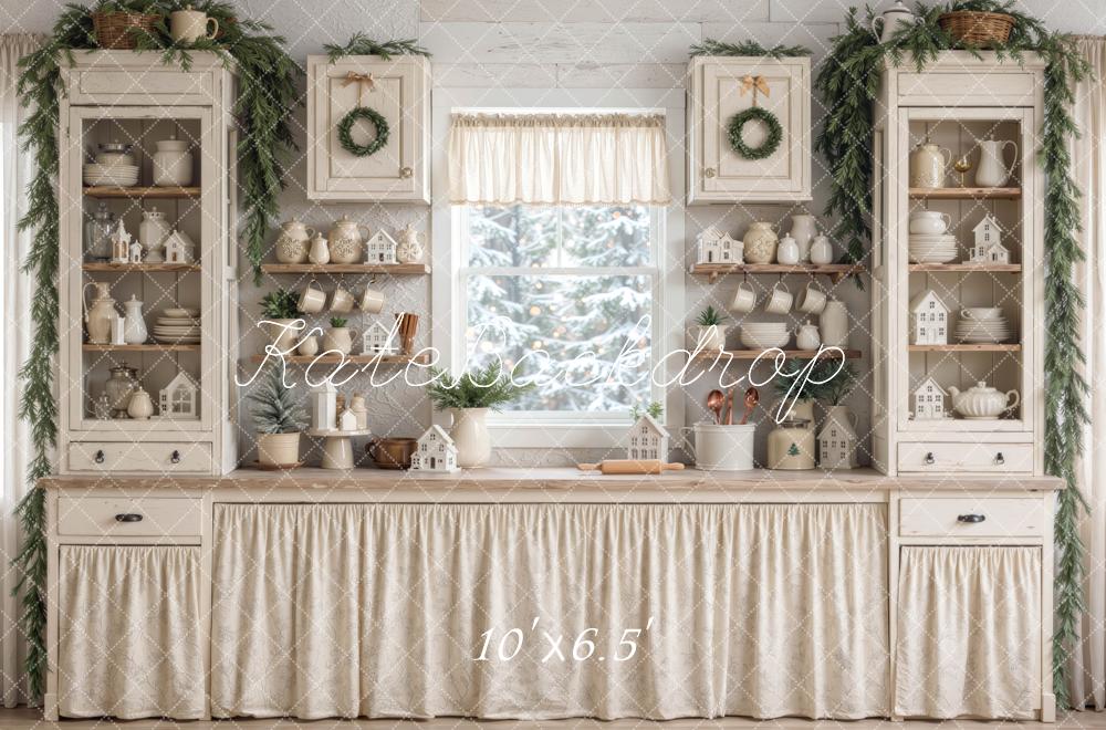 Kate Christmas Farmhouse Kitchen Cabinet Shelf White Printed Backdrop Designed by Mini MakeBelieve