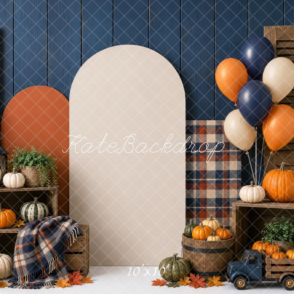 Kate Fall Cake Smash Blue Plaid Pumpkin Balloon Arch Truck Printed Backdrop Designed by Shutter Swan Studios