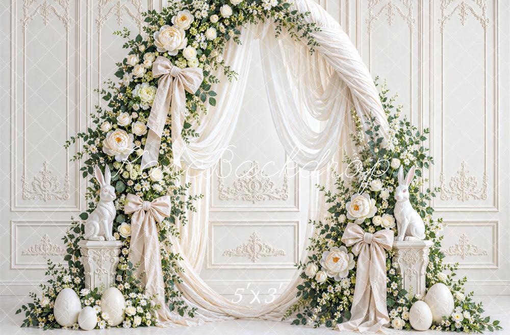 Kate Easter White Floral Arch Drapery Bow Bunny Vintage Printed Backdrop Designed by Mini MakeBelieve