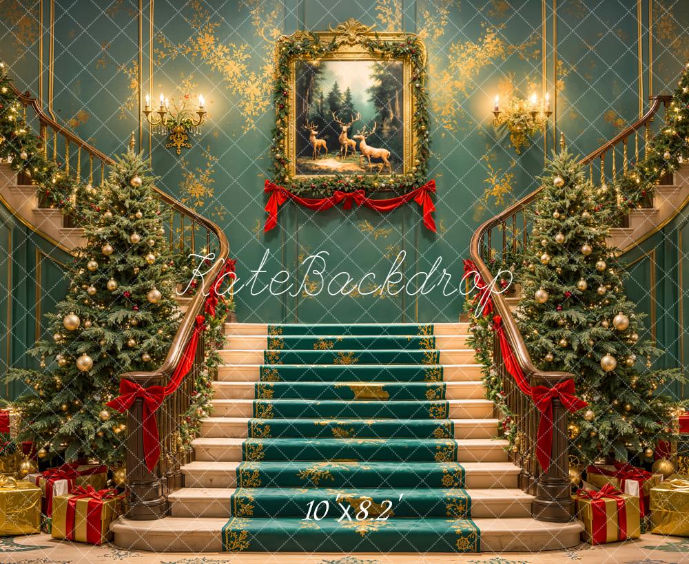 Kate Christmas Cascading Stairs Trees Painting Backdrop Designed by Emetselch