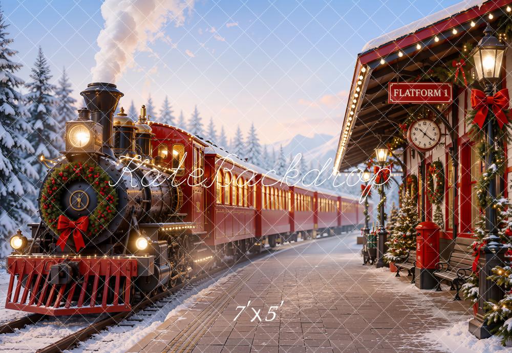 Kate Christmas Red Polar Train Station Snowy Trees Printed Backdrop Designed by Emetselch