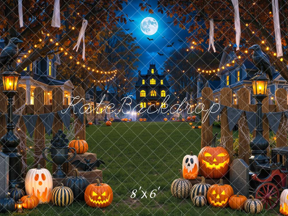 Kate Halloween Night Haunted House Pumpkins Moonlight Printed Backdrop Designed by Mini MakeBelieve