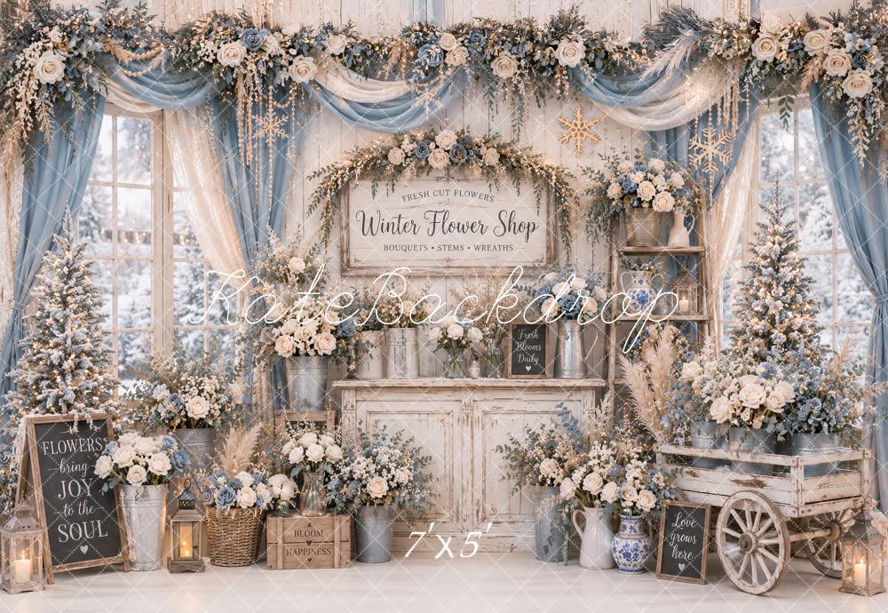 Kate Winter Flower Shop Blue Floral Cart Garland Drapes Printed Backdrop Designed by Ashley Paul