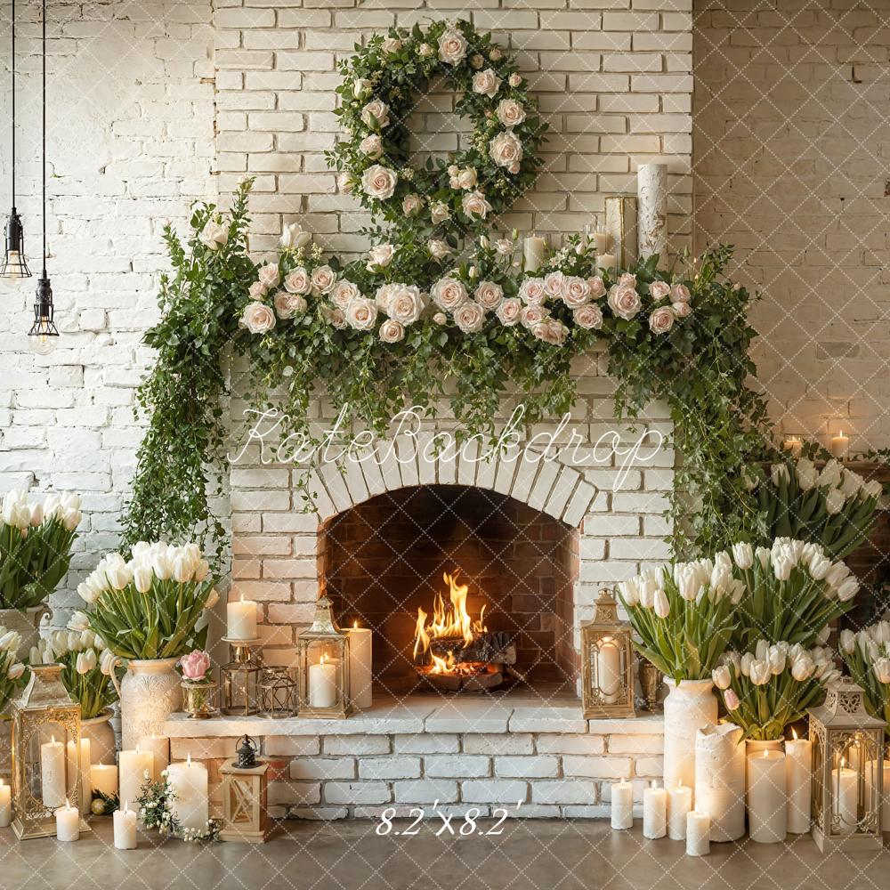 Kate Spring White Brick Fireplace Flower Arch Candles Greenery Backdrop Designed by Emetselch