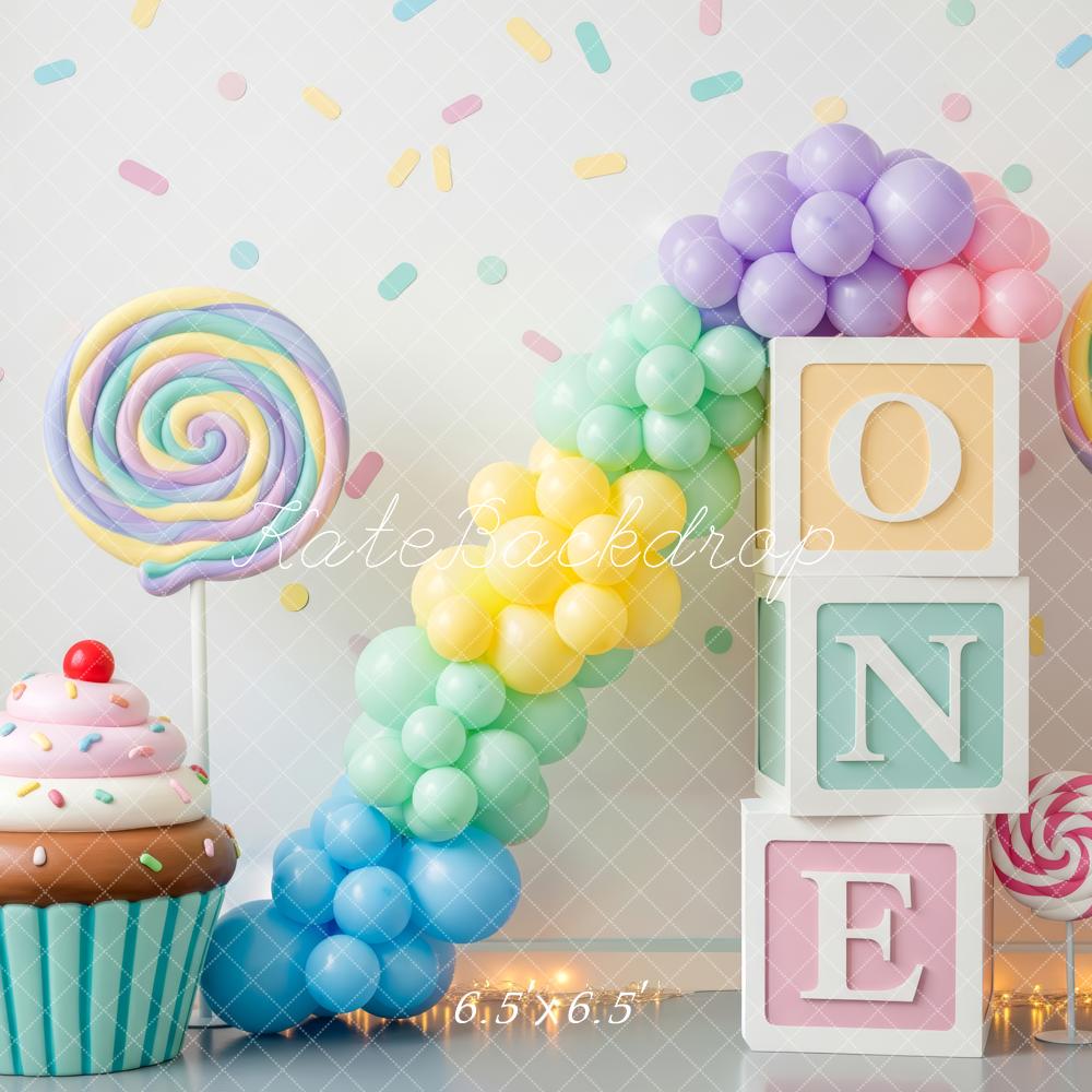 TEST Kate Cake Smash Pastel Balloons Lollipop Macaron Cupcake One Blocks Backdrop Designed by Patty Roberts