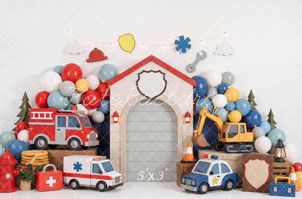 Kate Cake Smash Fire Truck Ambulance Police Car Construction Balloons Garage Printed Backdrop Designed by Mini MakeBelieve