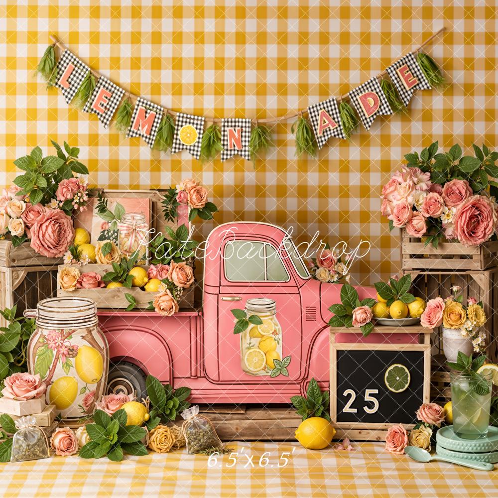 Kate Summer Lemonade Pink Truck Yellow Plaid Flowers Printed Backdrop Designed by Emetselch