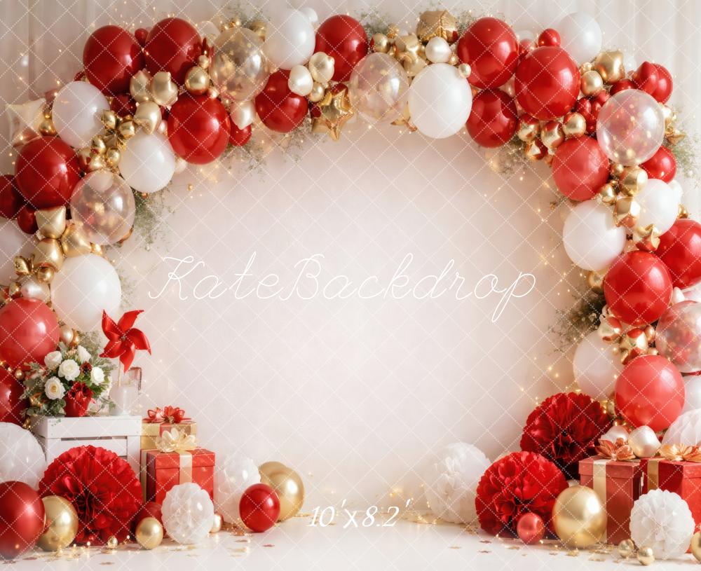 Kate Cake Smash Balloon Arch Red White Gold Presents Printed Backdrop Designed by Vertigo Productions