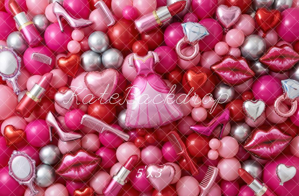 Kate Makeup Pink Balloons Dress High Heels Lipstick Printed Backdrop Designed by Chain Photography