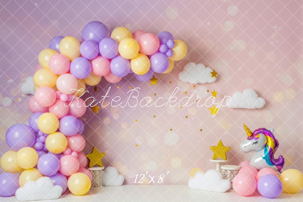 Kate Cake Smash Pastel Balloon Arch Unicorn Clouds Stars Backdrop Designed by Patty Roberts
