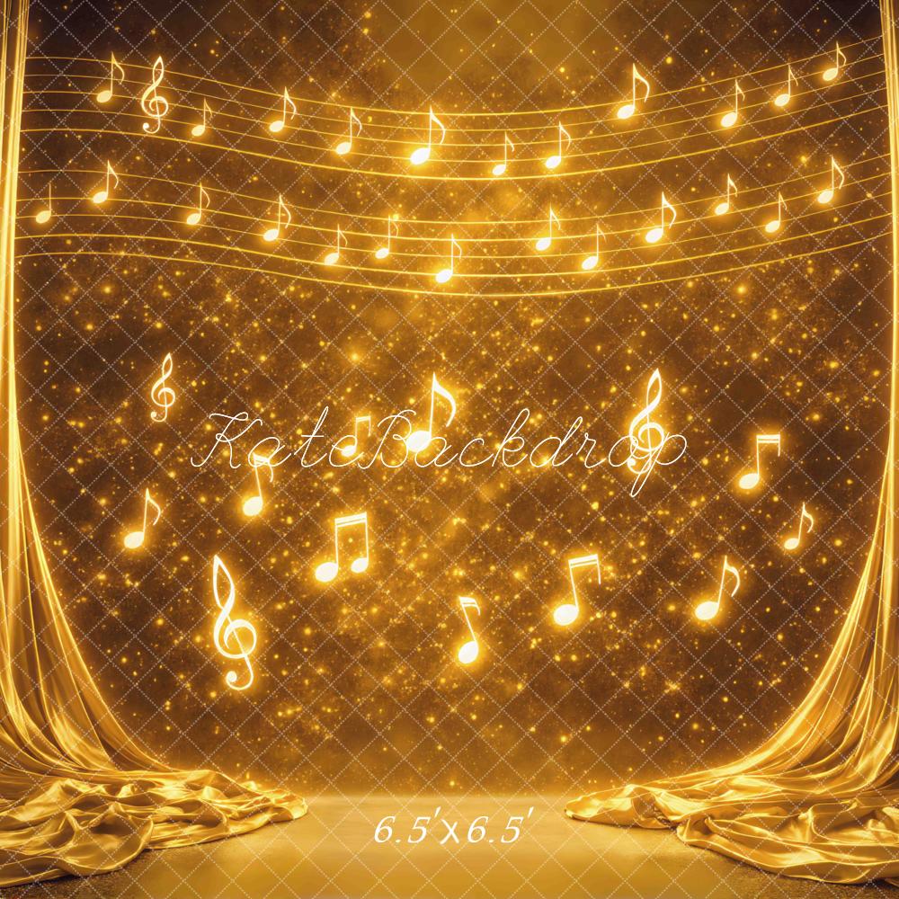 Kate Stage Golden Musical Notes Sparkle Curtain Printed Backdrop Designed by Mini MakeBelieve
