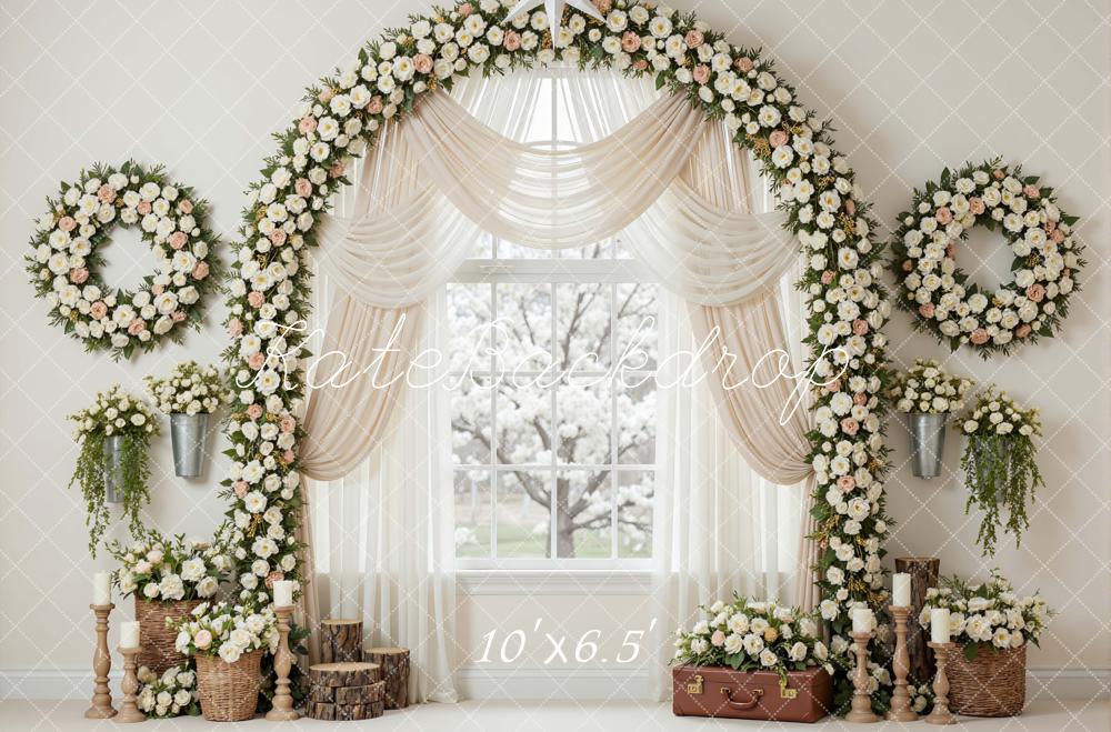 Kate Spring Flower Arch Wreath Window Drapes Printed Backdrop Designed by Mini MakeBelieve