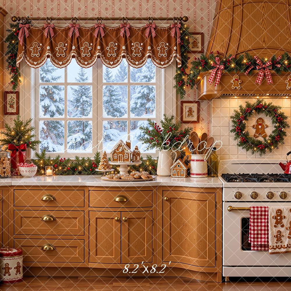 Kate Christmas Brown Gingerbread Kitchen Cabinet Window Printed Backdrop Designed by Shutter Swan Studios