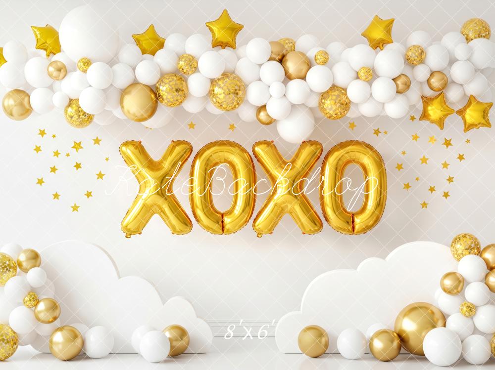 Kate Cake Smash Gold Balloons XOXO Clouds and Stars Backdrop Designed by Patty Roberts