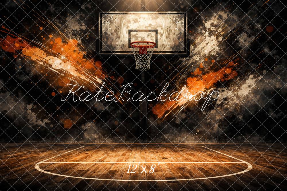 Kate Sports Basketball Court Hoop Orange Splash Backdrop Designed by Mini MakeBelieve