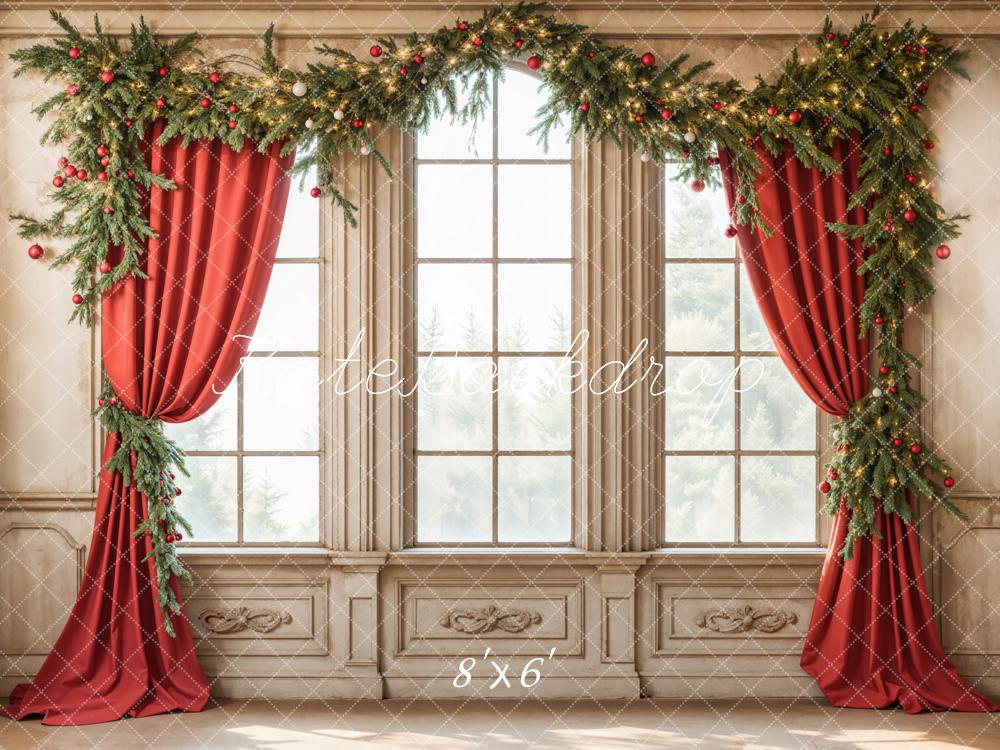 Kate Christmas Garland Window Red Curtains Backdrop Designed by Emetselch