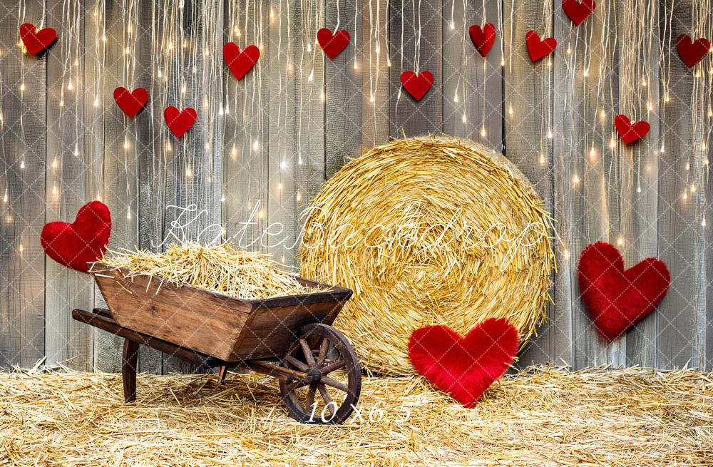 Kate Valentine's Day Hay Bale Wheelbarrow Hearts Printed Backdrop Designed by Fantasyphotoart