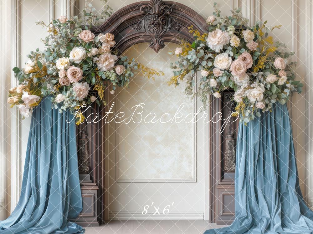 Kate Retro Floral Arch Blue Drapes Backdrop Designed by Mini MakeBelieve