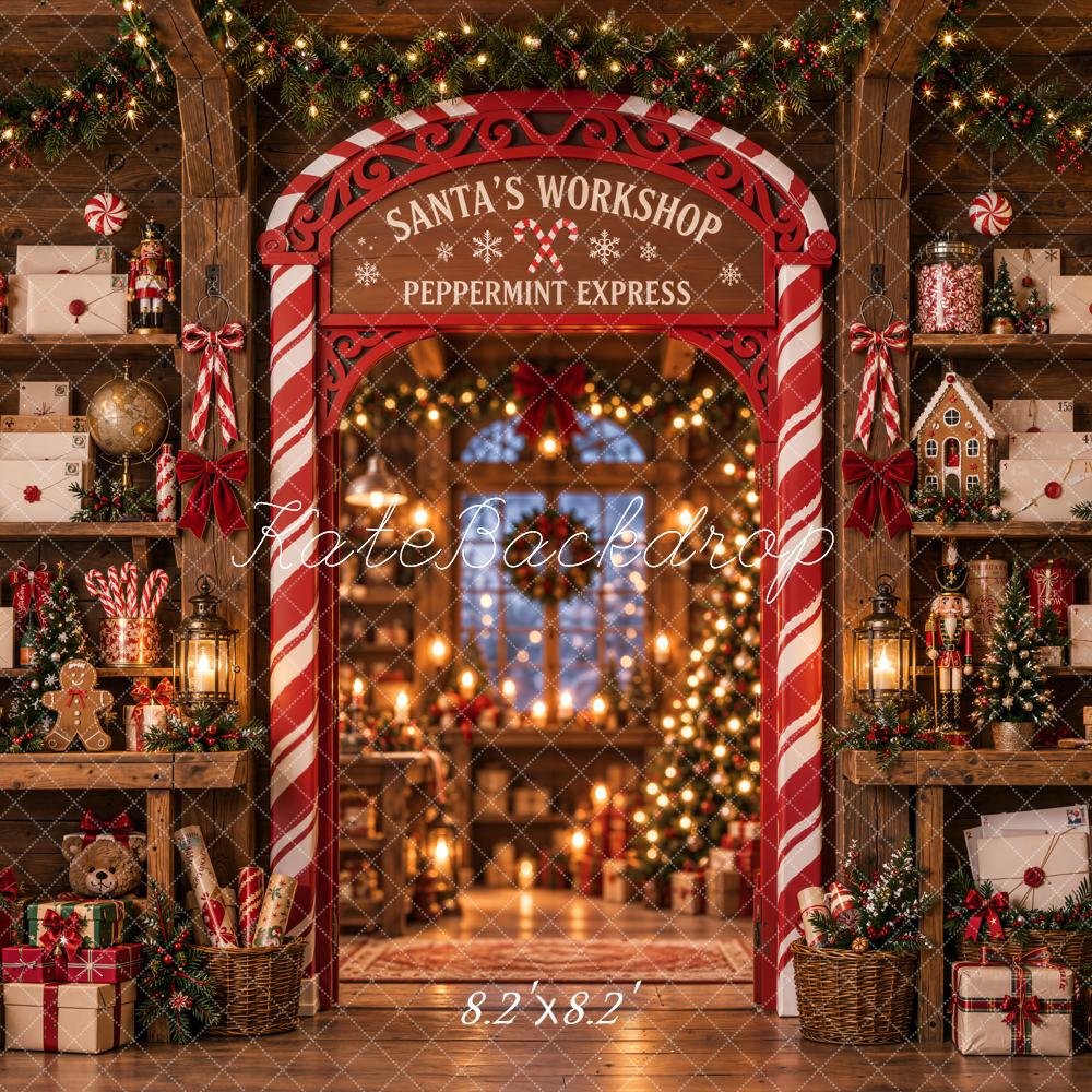 Kate Christmas Santa's Workshop Candy Cane Arch Toys Printed Backdrop Designed by Emetselch