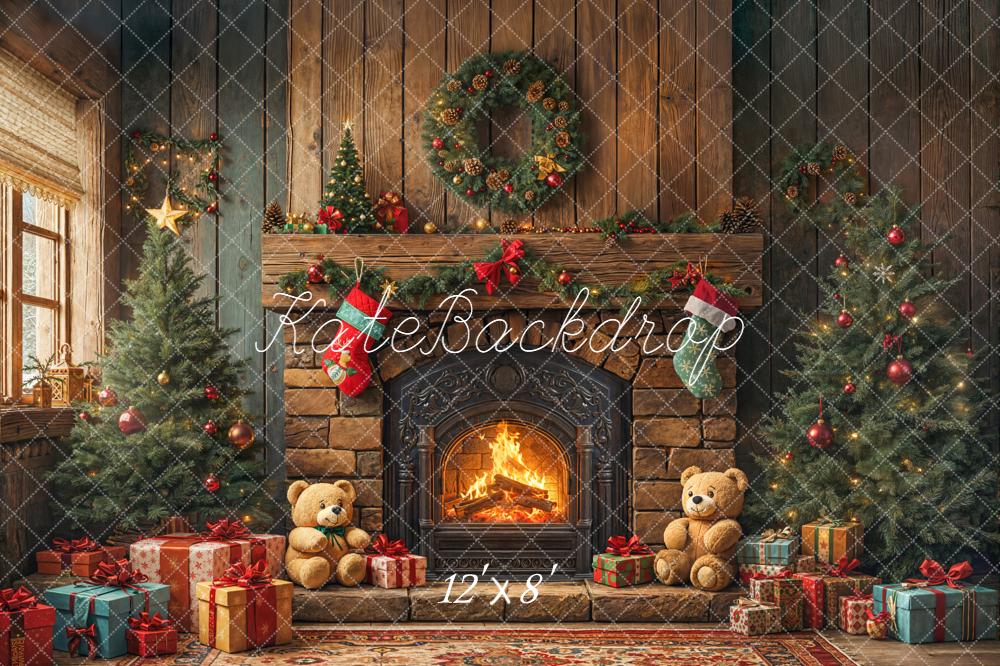 Kate Christmas Fireplace Trees Wreath Gifts Teddy Bears Printed Backdrop Designed by Emetselch