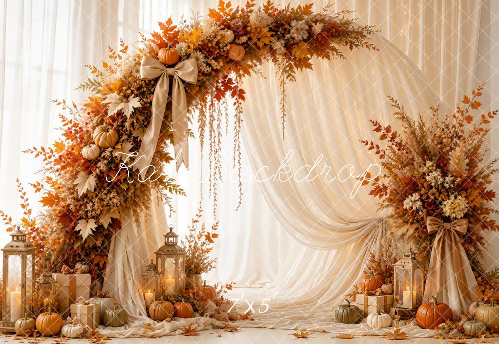 Kate Fall Circle Floral Arch Pumpkins White Drapes Lanterns Printed Backdrop Designed by Emetselch