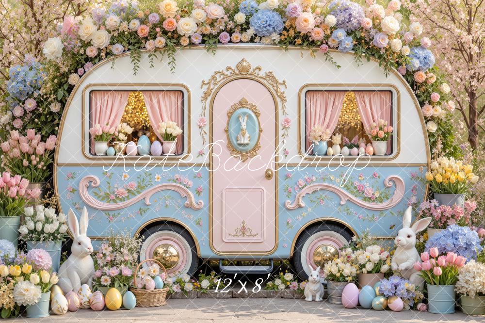 Kate Easter Camper Bunny Flower Arch Printed Backdrop Designed by Mini MakeBelieve