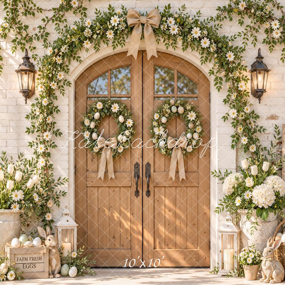 Kate Easter Wood Door Flower Arch Farmhouse Bunny Printed Backdrop Designed by Emetselch