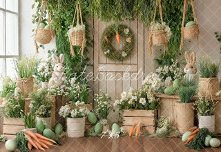Kate Easter Bunny Green Eggs Flowers Carrots Printed Backdrop Designed by Emetselch