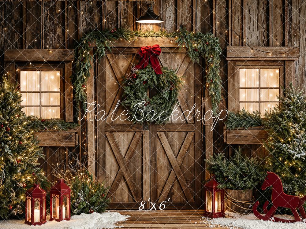 Kate Christmas Rustic Barn Door Wreath Garland Trees Lanterns Backdrop Designed by Emetselch