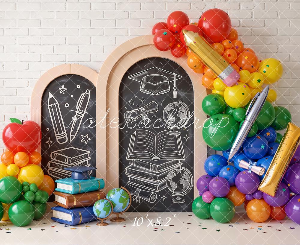 Kate Back to School Chalkboard Arch Books Balloons Globes Printed Backdrop Designed by Emetselch