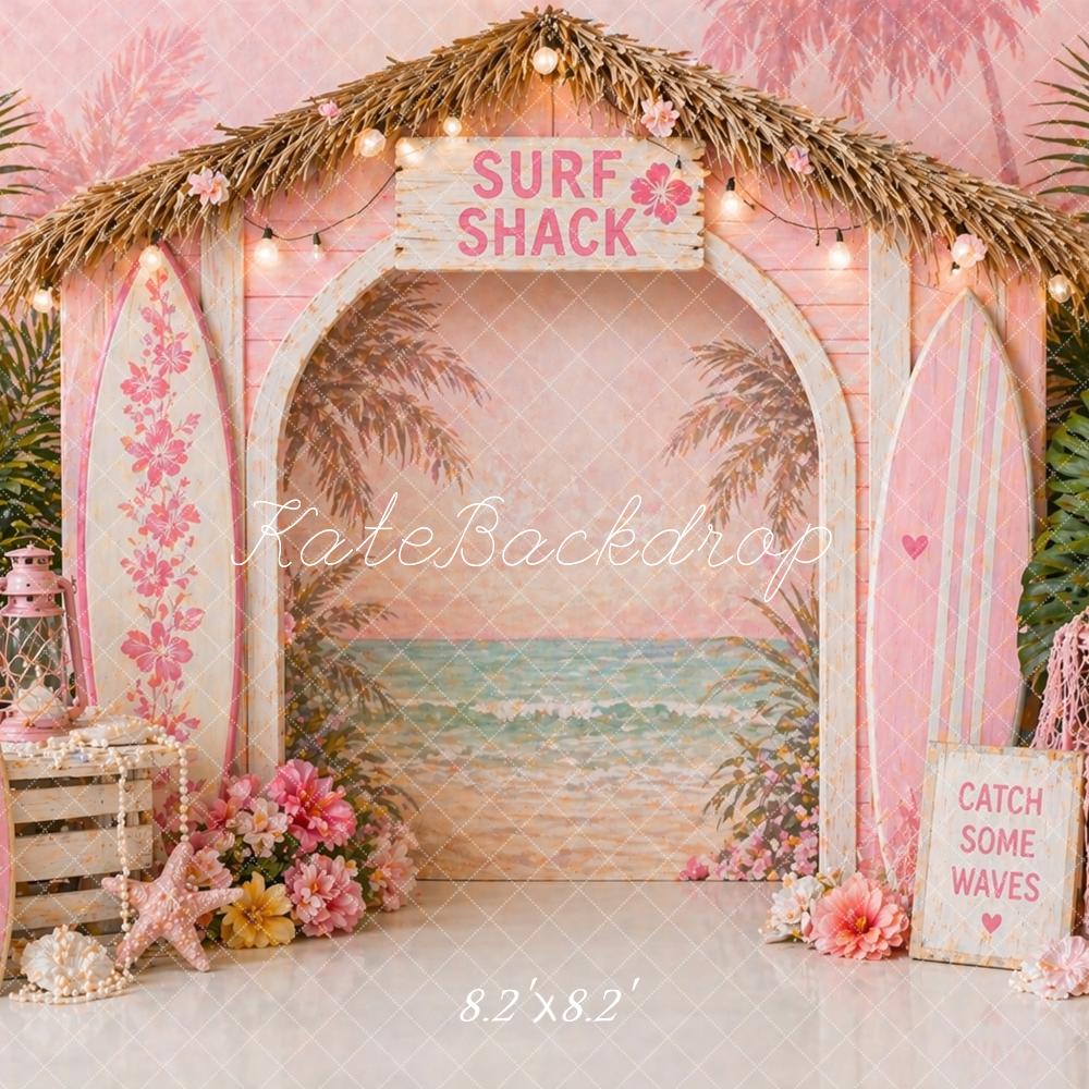 Kate Summer Beach Arch Pink Surfboards Flowers Printed Backdrop Designed by Caitlin Lynch