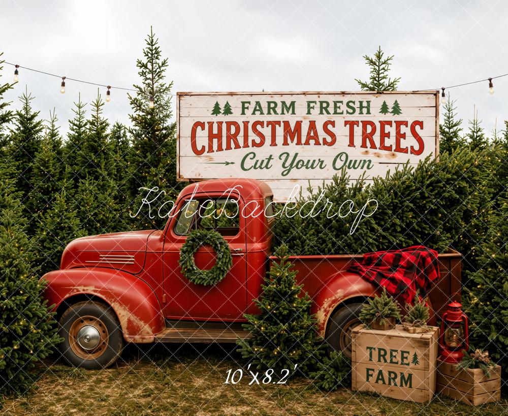 Kate Christmas Red Truck Christmas Tree Farm Printed Backdrop Designed by Emetselch