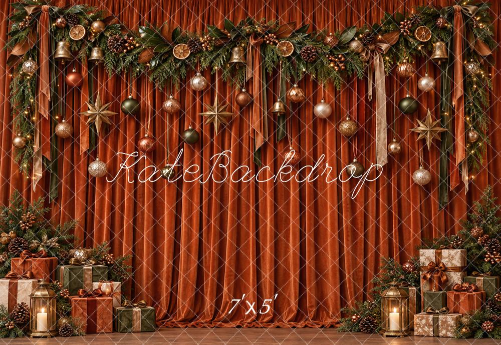 Kate Christmas Burnt Orange Velvet Curtain Ornaments Garland Lights Printed Backdrop Designed by Vertigo Productions