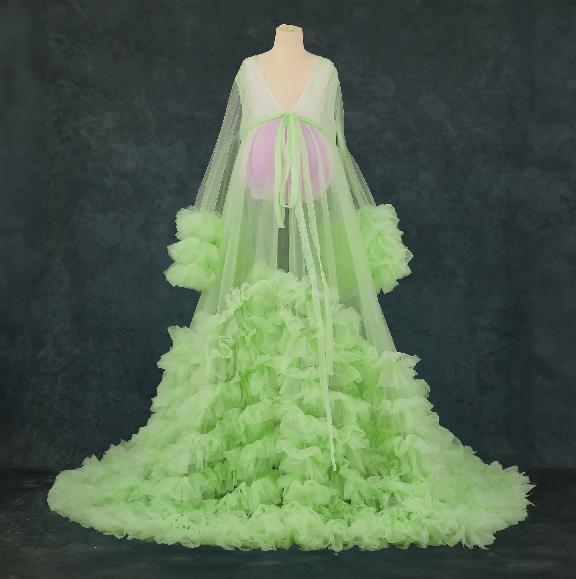 Kate Mesh V-neck Trailing Mid Sleeve Custom Maternity Photoshoot Gowns