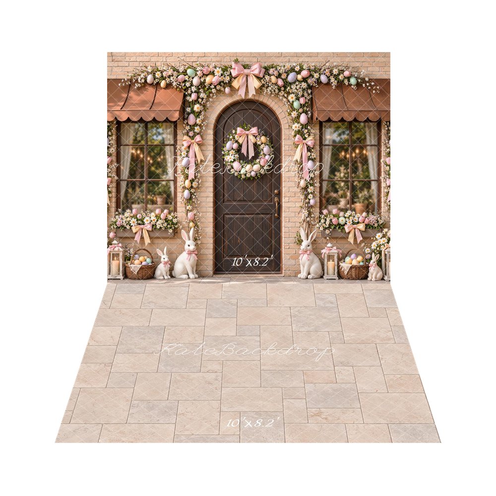 Kate Easter Eggs Arch Floral Brick Doorway Bunny Printed Backdrop+Beige Marble Tile Floor Printed Backdrop