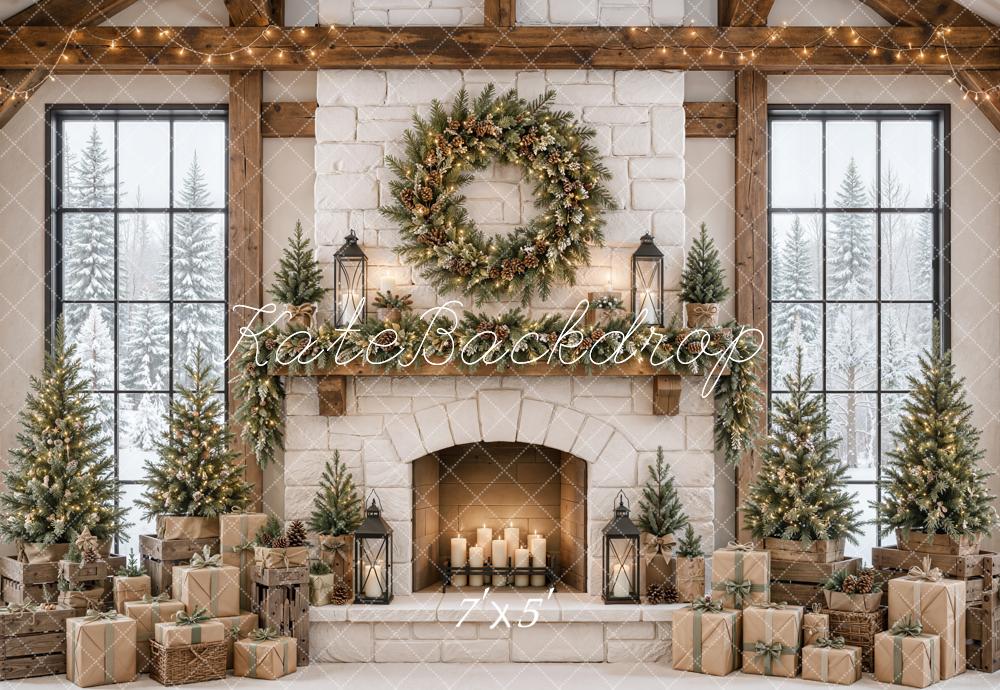 Kate Christmas Rustic Stone Fireplace Wreath Trees White Printed Backdrop Designed by Emetselch