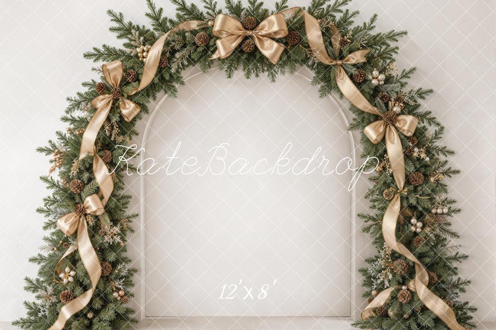 Kate Christmas Evergreen Garland Arch Champagne Ribbon Bows Printed Backdrop Designed by Emetselch
