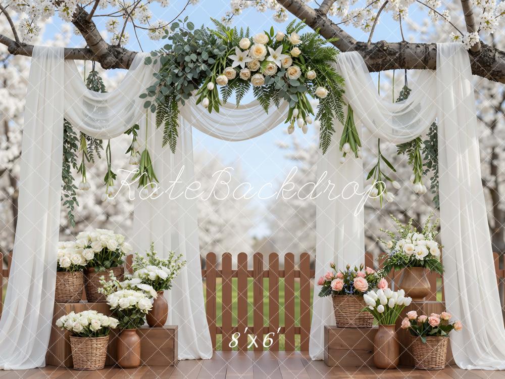 Kate Spring Flower Arch White Drapes Cherry Blossoms Backdrop Designed by Mini MakeBelieve