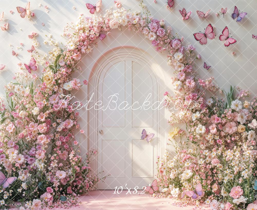Kate Spring Flower Arch Pink Butterflies White Door Printed Backdrop Designed by Emetselch