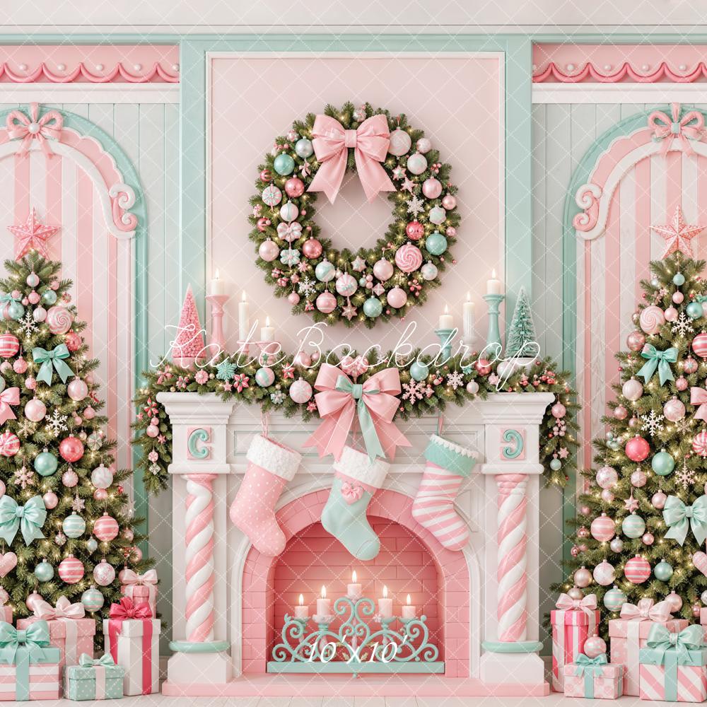 Kate Christmas Pastel Candy Cane Fireplace Wreath Trees Printed Backdrop Designed by Emetselch